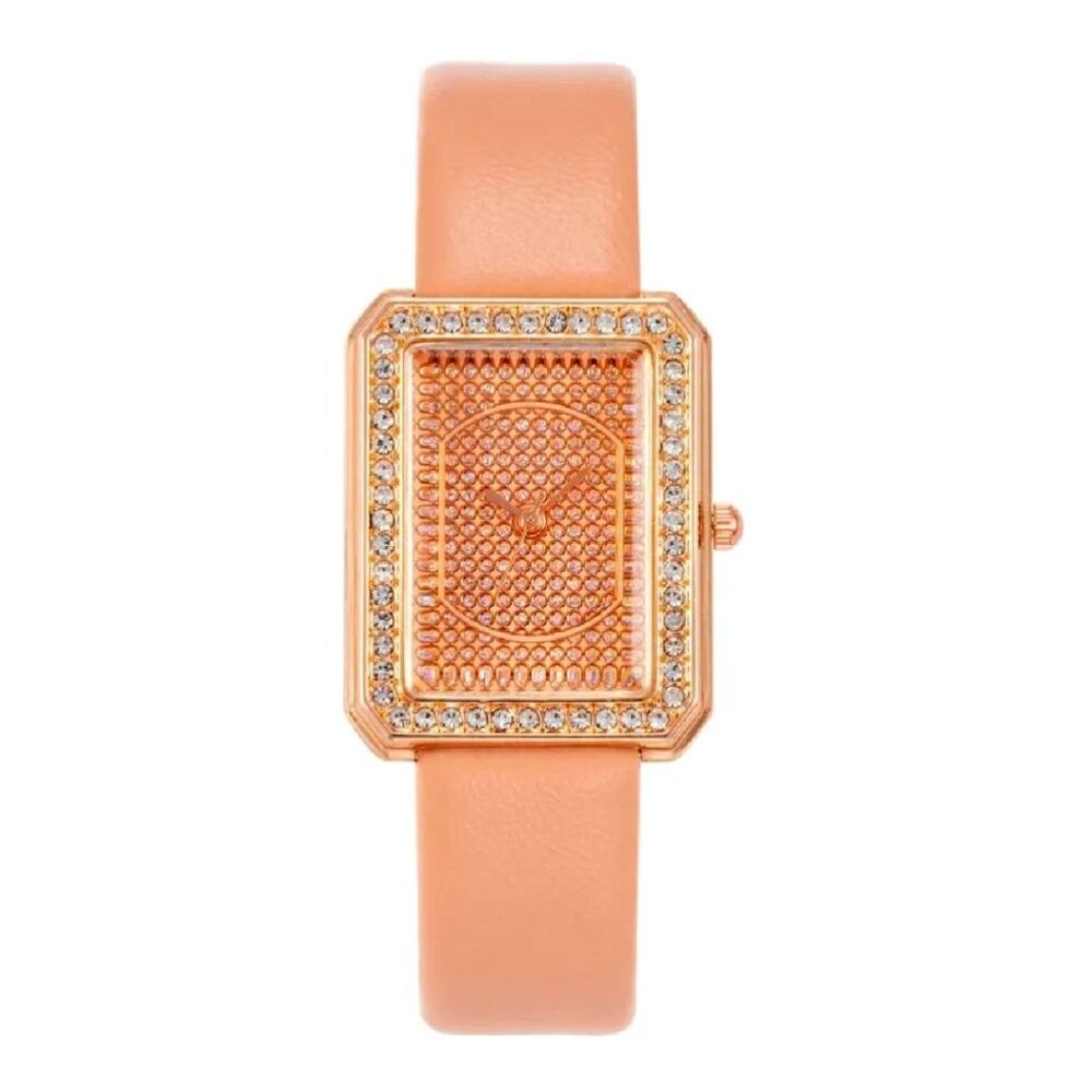 A27-EUC Glamgirl Rose Gold Pave Crystal Bezel and Face Pink Leather band w box